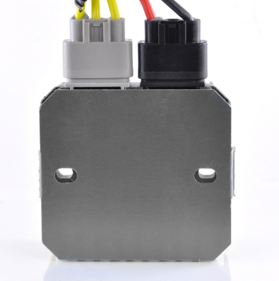 MOSFET regulator/rectifier module in gray metal housing with dual gray and black connectors.