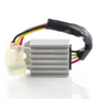 Regulator rectifier with aluminum ribbed housing, red, yellow, and black wires and a white connector, DGT Agri