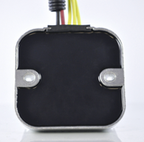 MOSFET regulator rectifier module, black square with metal housing and mounting tabs, wires visible