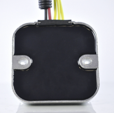 MOSFET regulator rectifier module, black square with metal housing and mounting tabs, wires visible
