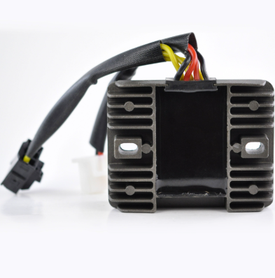 Black MOSFET regulator rectifier with aluminum heatsink fins and multicolor wires for CFMoto CF500 ATV
