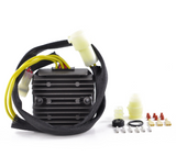 Regulator rectifier kit for Arctic Cat 650 V-Twin 4x4, black finned unit with yellow wires and assorted connectors.