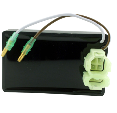Performance CDI module for Polaris Phoenix 200 ATV, black box with green connectors.