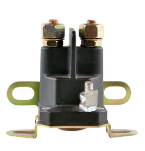 Universal 3-pole starter solenoid for small engines, black plastic housing with brass terminals and mounting tabs.