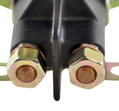 Universal 3-Pole Starter Solenoid for small engines; black housing with two brass terminals and hex nuts