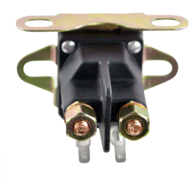 Universal 4-Pole Starter Solenoid for small engines with black housing, brass terminals and mounting bracket.