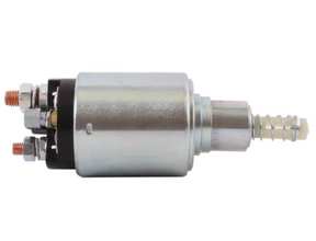 Starter motor solenoid 12V, 3-terminal by DGT Agri; silver metal body with copper terminal posts