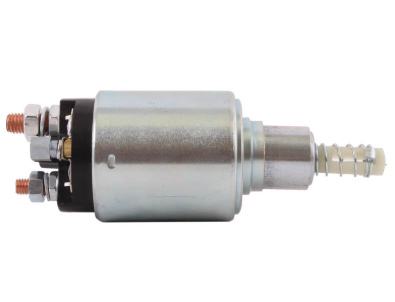 Starter motor solenoid 12V, 3-terminal by DGT Agri; silver metal body with copper terminal posts