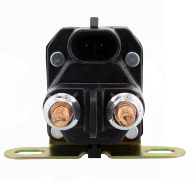 Starter solenoid with black housing, two brass terminals and a mounting bracket