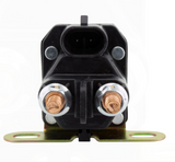 Starter solenoid with black housing, two brass terminals and a mounting bracket