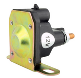 Starter solenoid by DGT Agri, 12V black body with yellow mounting plate and copper terminal.