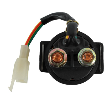 Starter relay by DGT Agri for Can-Am DS250/Arctic Cat ATVs, black module with two copper terminals and white connector