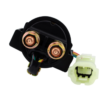 Starter solenoid for Honda TRX250 Recon ATV by DGT Agri, black with copper terminals and white connector.