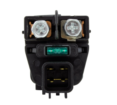 Starter solenoid by DGT Agri; black plastic body with two top terminals, green LED indicator, and bottom connector.