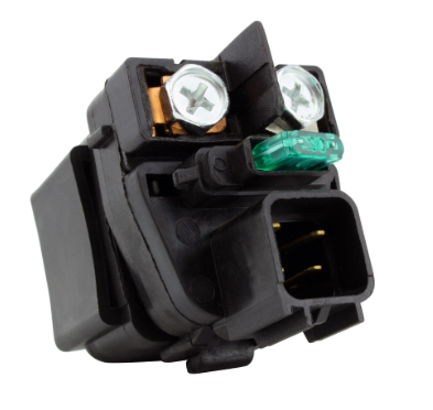 Starter solenoid for Suzuki motorcycles by DGT Agri, black plastic unit with green LED indicator and gold terminal posts