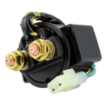 Starter solenoid with black plastic housing, brass terminal studs and white wiring connector
