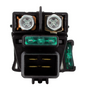 Starter solenoid for Suzuki ATV; black plastic housing with dual top terminals and a green indicator window