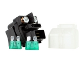 Starter solenoid for Suzuki ATV by DGT Agri; black solenoid with green terminals and white connector.