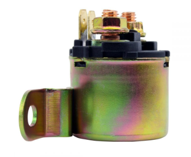 Starter solenoid for Can-Am ATVs and snowmobiles; gold-colored metal housing with black top and copper terminals