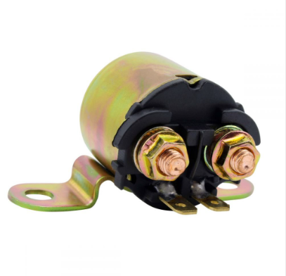Starter solenoid for Can-Am ATVs/Ski-Doo snowmobiles, yellow zinc finish with two copper terminals and mounting bracket