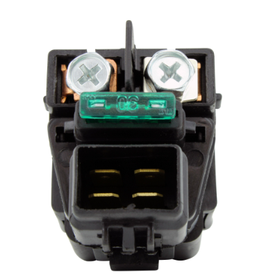 Starter solenoid by DGT Agri; black plastic housing with two top battery posts and a three-pin bottom connector.