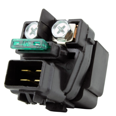 Starter solenoid by DGT Agri with green 30A inline fuse, black plastic housing and dual terminals