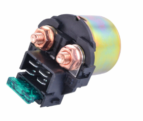 Starter solenoid by DGT Agri; copper terminals, green connector on black housing
