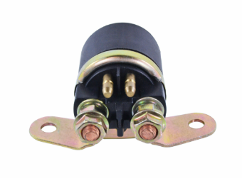 Starter solenoid with black housing, two brass terminals, and mounting bracket