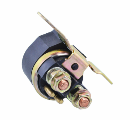 Starter solenoid; black metal unit with mounting bracket and terminal posts.