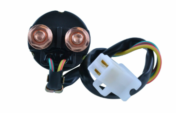 Starter solenoid for Honda TRX Fourtrax and ATC Big Red; black solenoid with copper terminals and white connector.
