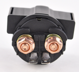 Starter solenoid with two copper terminals and black plastic housing.