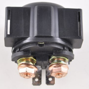 Starter solenoid with black plastic housing, two copper terminal studs, and mounting lugs