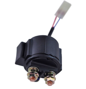 Starter solenoid for Honda TRX quad bikes; black plastic housing with two stud terminals and a white connector.