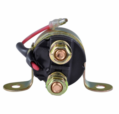 Starter relay solenoid by DGT Agri for Polaris ATVs and snowmobiles; black unit with brass terminals and mounting tabs.