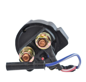 Starter relay solenoid for Yamaha motorcycles by DGT Agri, black plastic body with copper terminals and blue wire