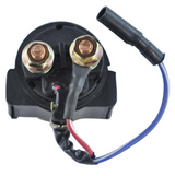 Starter relay solenoid for Yamaha motorcycles with copper stud terminals, black housing, red and blue wires