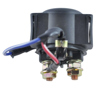 Starter relay solenoid for Yamaha motorcycles (FJ/FZR/Maxim) – black plastic unit with brass studs and red/blue wires.
