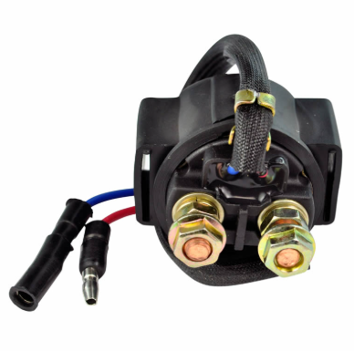 Starter relay solenoid, black plastic housing with dual brass terminals and wired harness