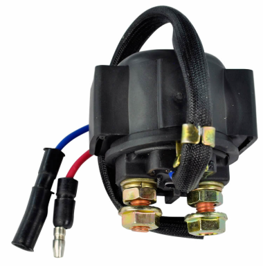 Starter relay solenoid with black housing, brass terminal bolts, and red/blue lead wires.