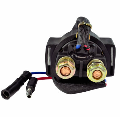 Starter relay solenoid for motorcycles, DGT Agri, black housing with two copper terminals and wiring harness