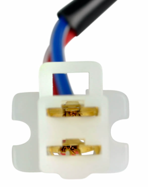 Starter relay solenoid two-pin white connector with gold terminals and blue and red wires
