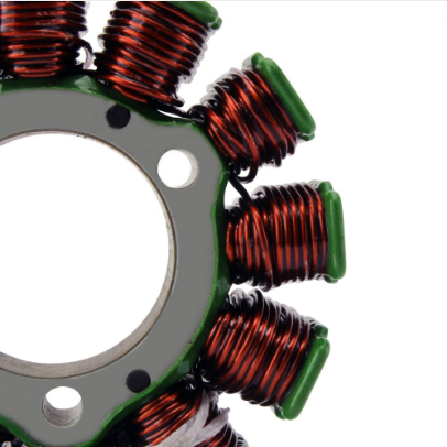 80W high-output stator for KTM/Husqvarna motorcycles, red copper windings with green end caps.