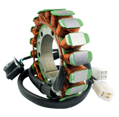 Generator stator for Arctic Cat ATVs; copper windings, green end caps, white connector