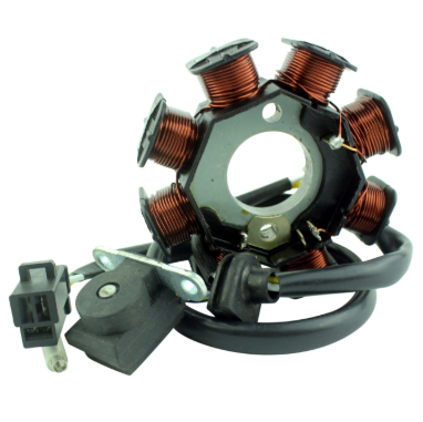 Generator stator for Kawasaki KFX50 Youth ATV; six copper coil windings, wiring harness and connector.