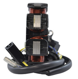 Generator stator for Kawasaki KFX50 Youth ATV; red copper windings, black plastic housing, wiring harness