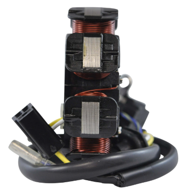 Generator stator for Kawasaki KFX50 Youth ATV; red copper windings, black plastic housing, wiring harness