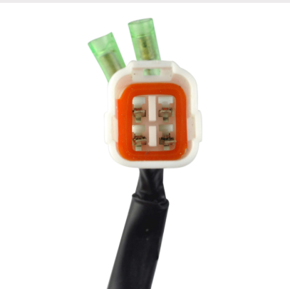 Stator/regulator connector for Yamaha YFZ350 Banshee ATV; white housing, orange seal, black wire.