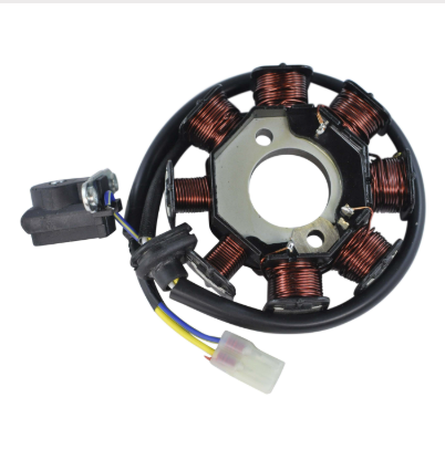 Generator stator for ATV, copper windings around a circular metal core with wiring harness and white connector.