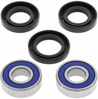 Hyper front wheel bearing and seal kit; 5-piece set with two blue-sealed bearings and three black seals.