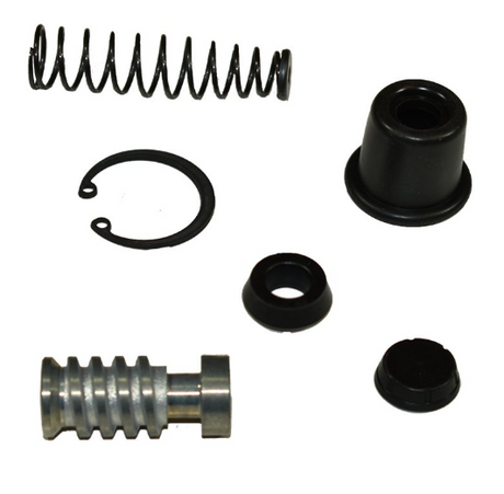 Rear brake master cylinder rebuild kit for Honda TRX/Yamaha YFM, six-piece set with spring, seals, and piston.